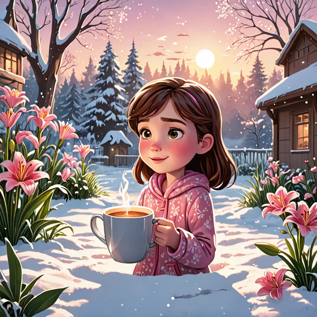 a girl holding a cup of coffee in the snow with a snowy landscape behind her and a cabin in the background, sots art, a storybook illustration, Cyril Rolando, storybook illustration