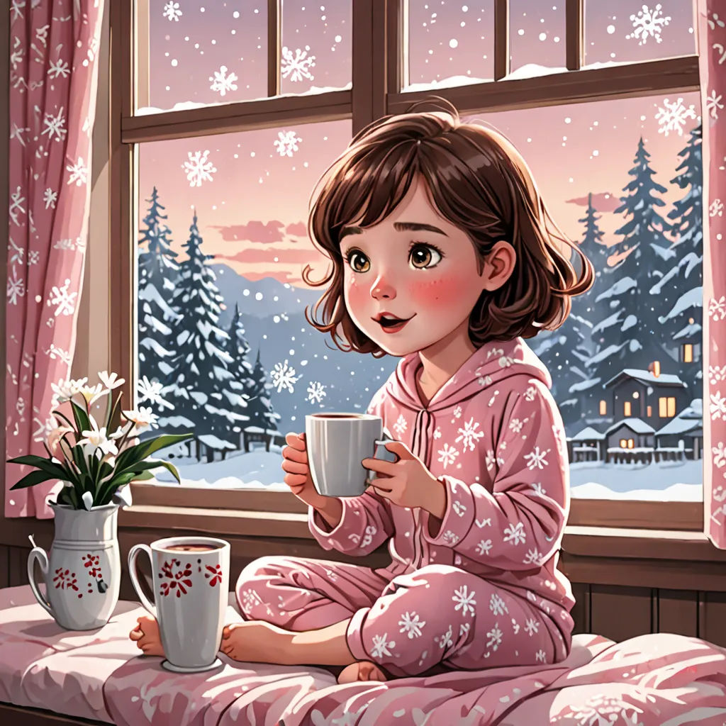 a girl in pajamas sitting on a window sill drinking coffee and looking out the window at the snow, fantasy art, a storybook illustration, Carol Sutton, storybook illustration