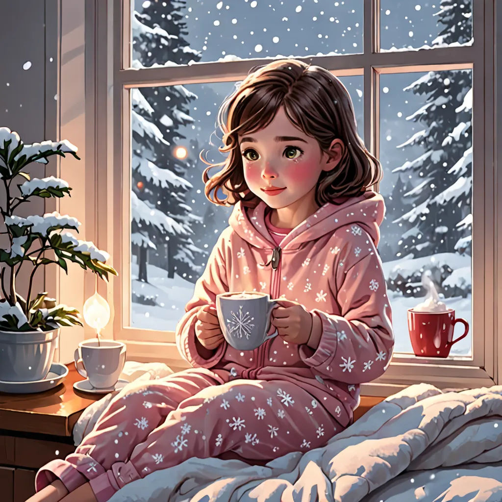 a little girl sitting on a bed drinking a cup of coffee in front of a window with snow falling on the ground, fantasy art, a storybook illustration, Evgeny Lushpin, winter
