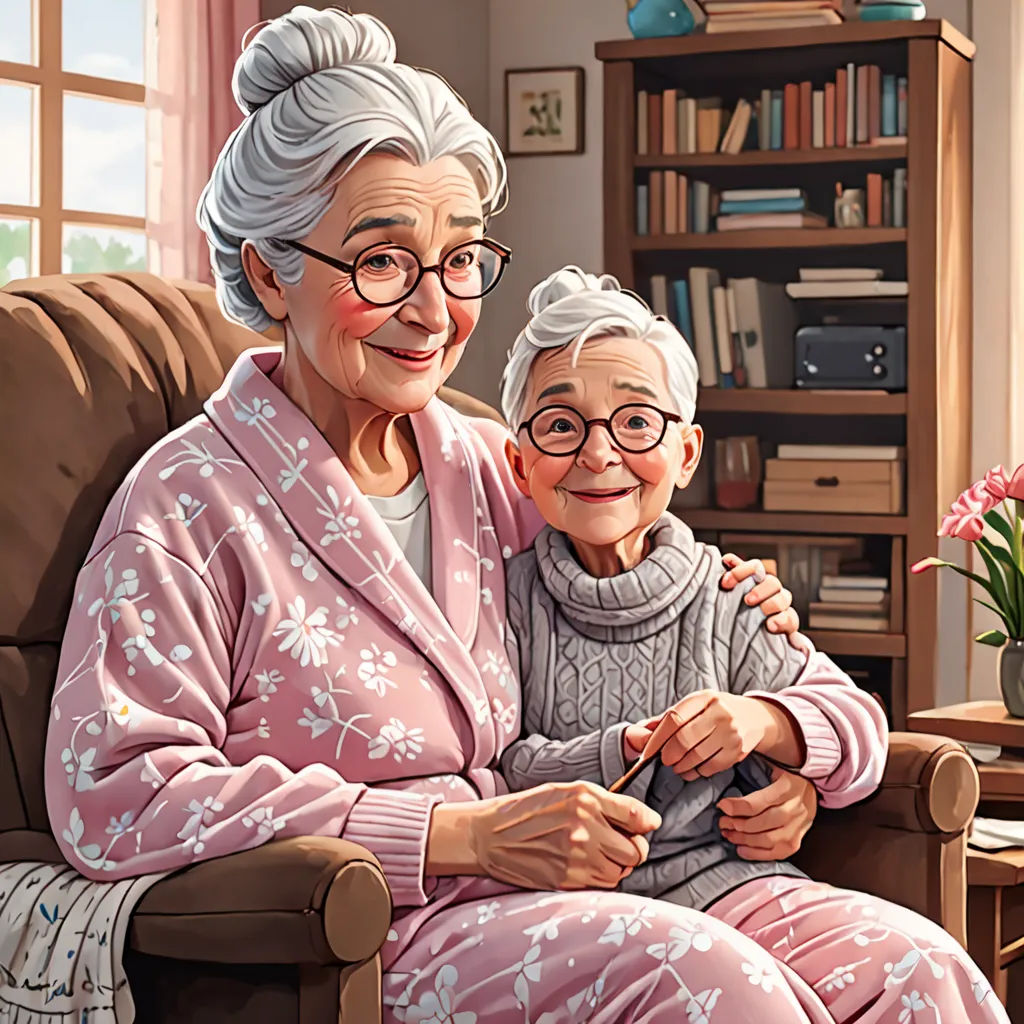 a painting of an elderly woman and child sitting on a couch together, with a vase of flowers in the background, photorealism, a storybook illustration, Colin Middleton, ultra realistic illustration