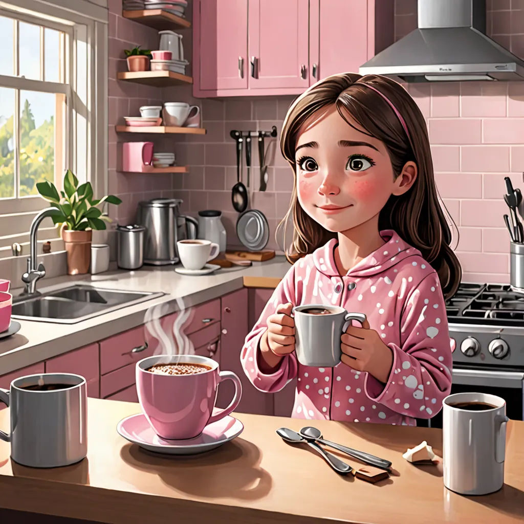 a girl holding a cup of coffee in a kitchen with pink cabinets and pink counters and pink walls and a stove, american scene painting, a storybook illustration, Alejandro Burdisio, cgstudio