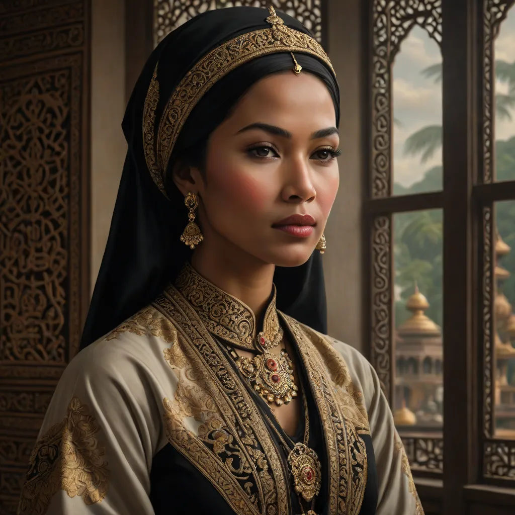 a woman in a black and gold outfit looking out a window with a window pane behind her and a window with a view of a pagoda, a photorealistic painting, Altoon Sultan, photorealism, highly detailed digital painting