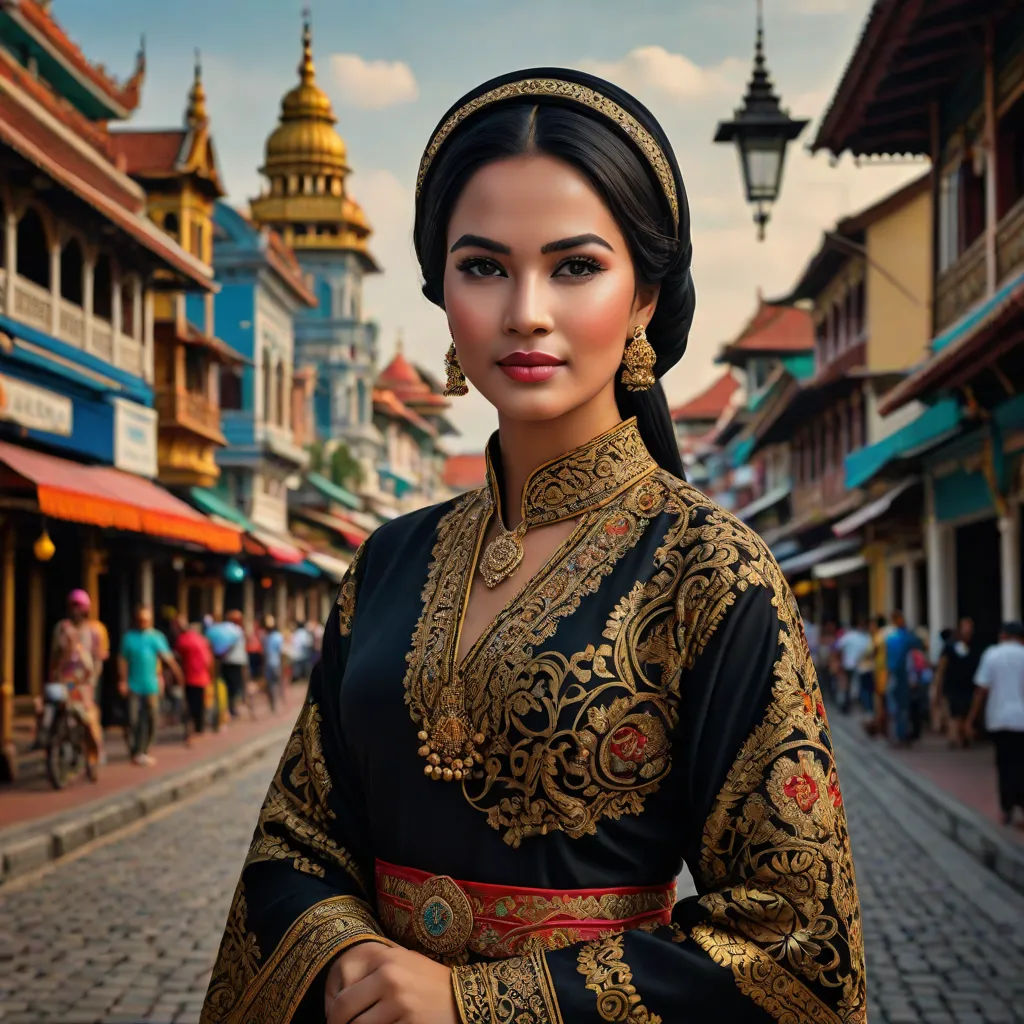 a woman in a black and gold dress standing on a street corner with a crowd of people in the background, a photorealistic painting, Altoon Sultan, sumatraism, orientalism