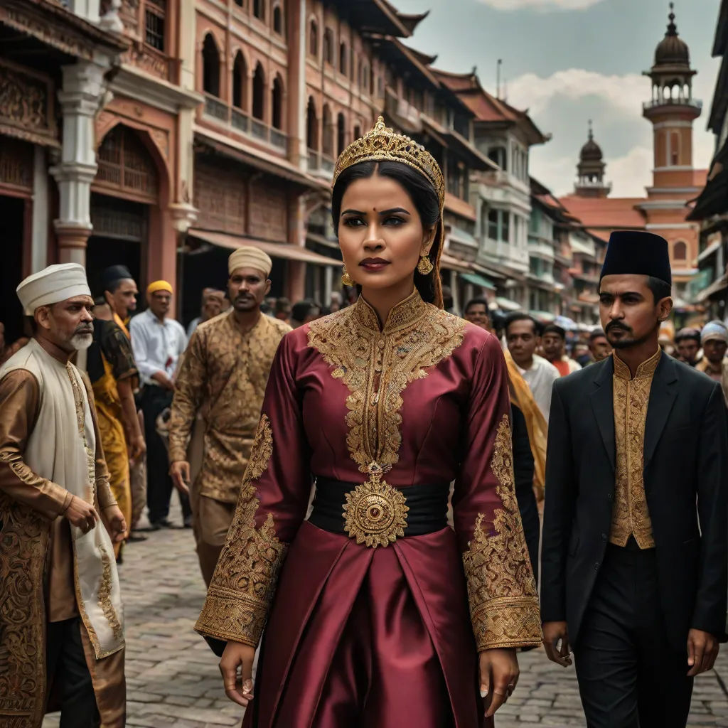 a woman in a red dress and a man in a black suit and turban walking down a street, a character portrait, Cheng Shifa, sumatraism, promotional image
