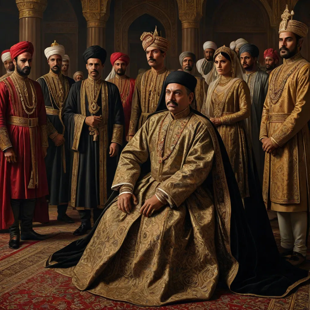 a group of men in historical clothing standing in a room with a rug and rug on the floor and a rug on the floor, a detailed painting, Altoon Sultan, qajar art, vfx