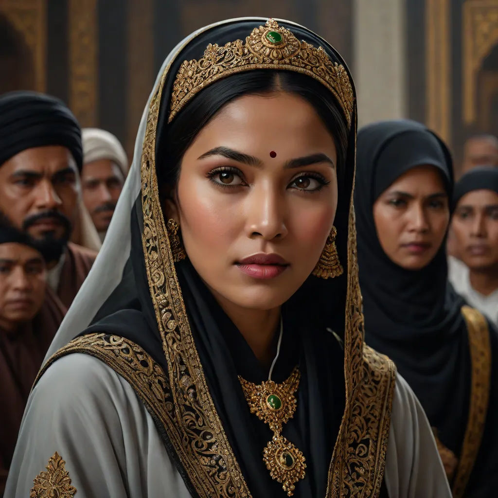 a woman in a black and gold outfit with other people in the background wearing headscarves and headscarves, a photorealistic painting, Altoon Sultan, photorealism, highly detailed digital painting