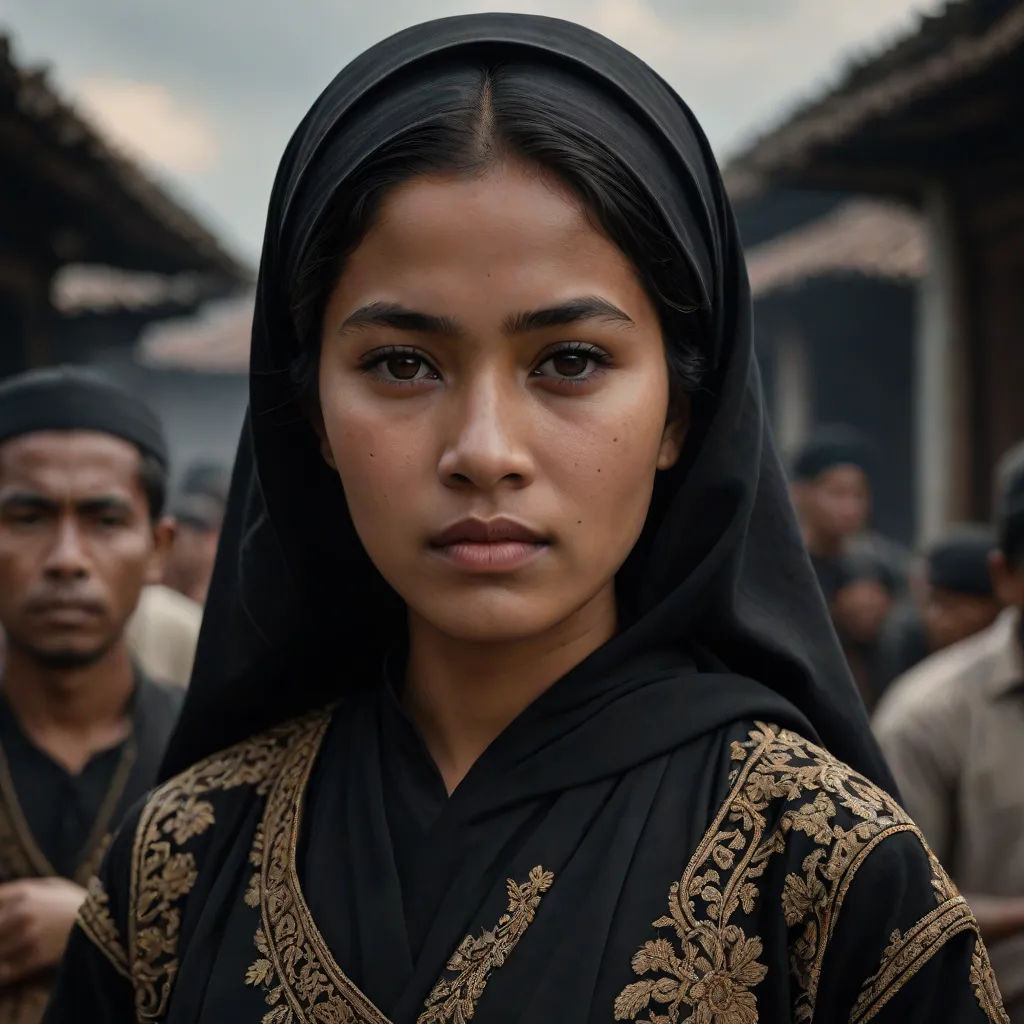 a woman in a black and gold dress and a man in a brown shirt and a black head scarf, a character portrait, Cheng Shifa, sumatraism, promotional image