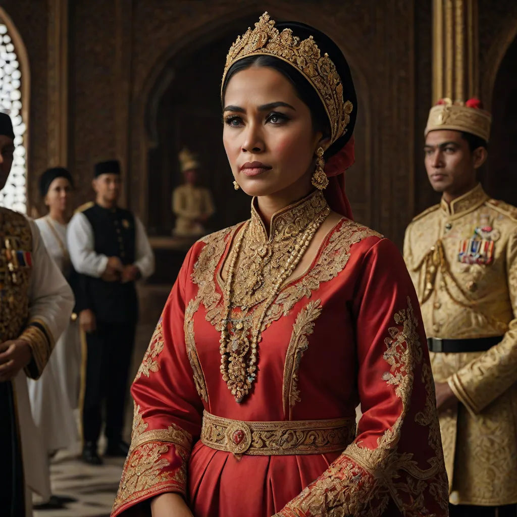 a woman in a red dress standing next to a man in a gold suit and crown in a palace, a character portrait, Altoon Sultan, sumatraism, vfx