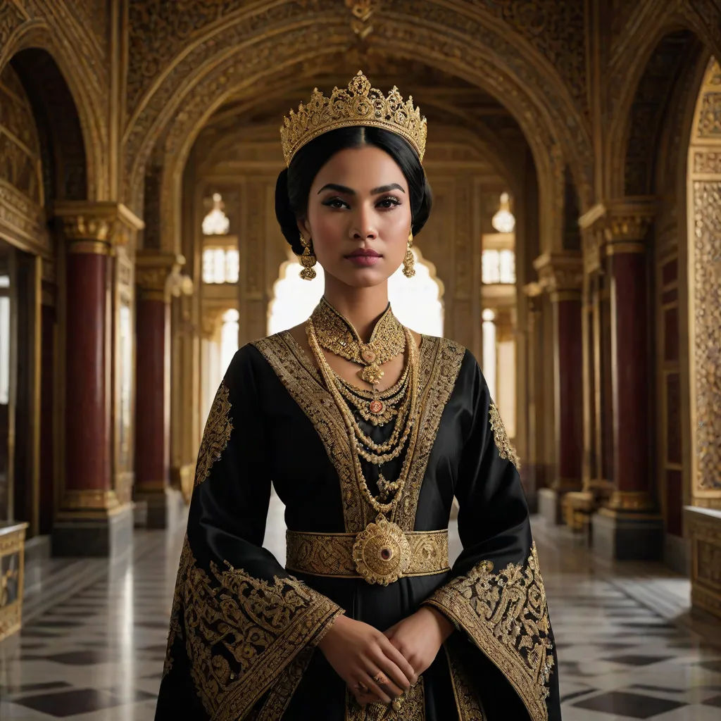 a woman in a black and gold outfit standing in a hall with a large gold crown on her head, a character portrait, Altoon Sultan, qajar art, promotional image