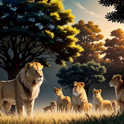 a painting of lions and cubs in a field of grass with trees in the background and a sunset in the background