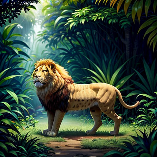 a lion standing in the middle of a jungle with trees and bushes around it, with a bright light coming from behind it