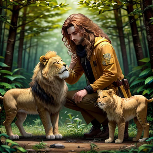 a man kneeling down next to two lions in the forest with trees and foliage behind him, with a lion in the foreground