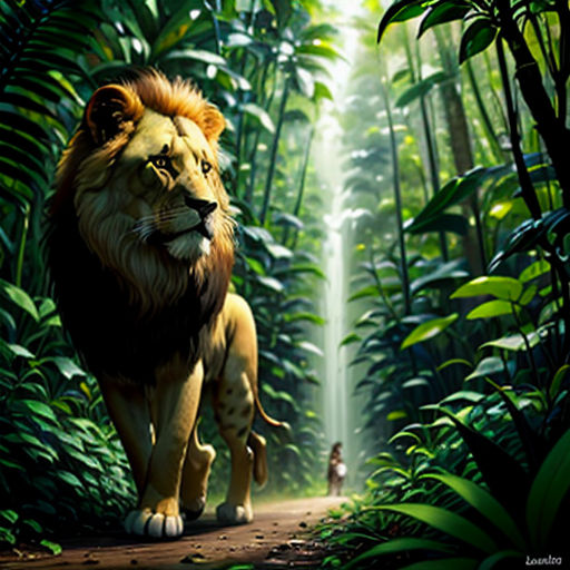 a lion walking through a jungle with a person in the background and a light beam coming from the jungle
