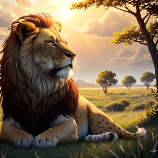 a lion sitting in the grass with the sun shining behind it and trees in the background, with a sky background