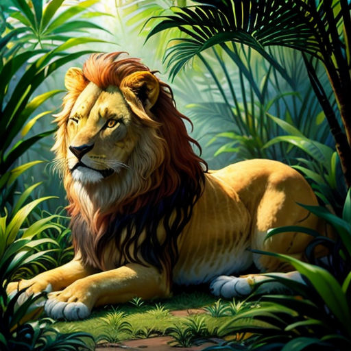 a lion laying in the middle of a jungle with trees and plants around it, with a bright light shining on its face