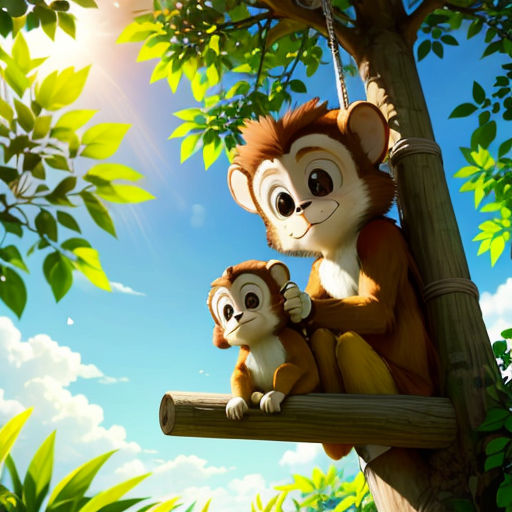 a monkey and a monkey sitting on a tree branch in a jungle with a blue sky background and sun shining through the leaves