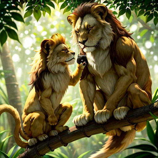 two lions sitting on a branch in the jungle, one of them is touching the other's face