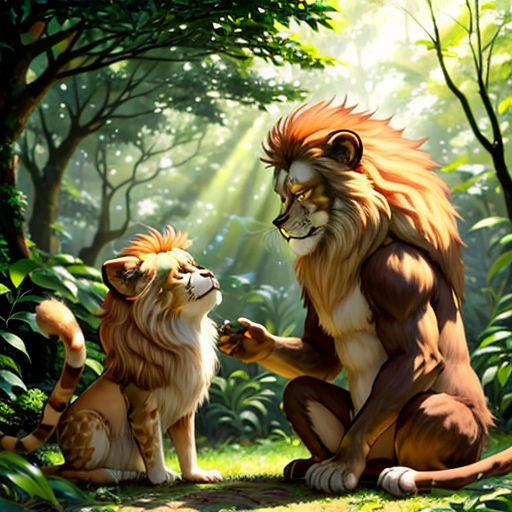 a lion and a lion cub sitting in the jungle together, with sunlight streaming through the trees behind them