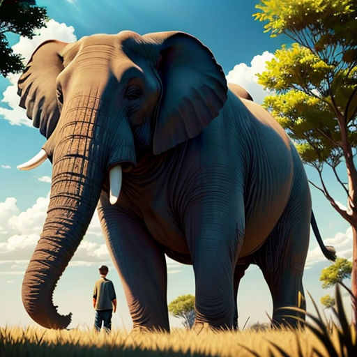 a man standing next to an elephant in a field of grass and trees with a sky background and a sun