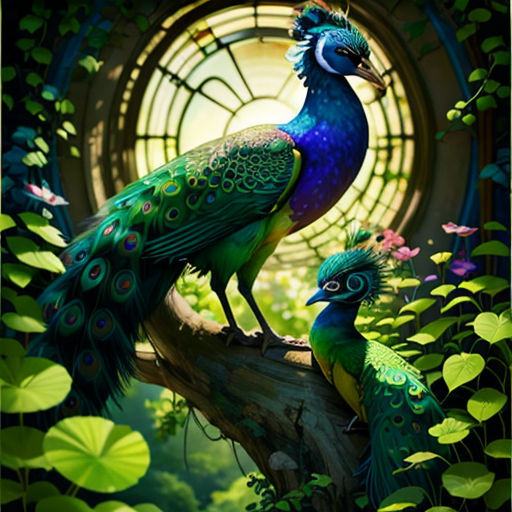a painting of two peacocks on a tree branch in front of a clock tower with leaves and flowers