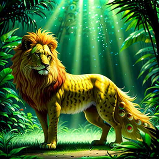 a lion standing in the middle of a jungle with bright lights shining down on it's face and head