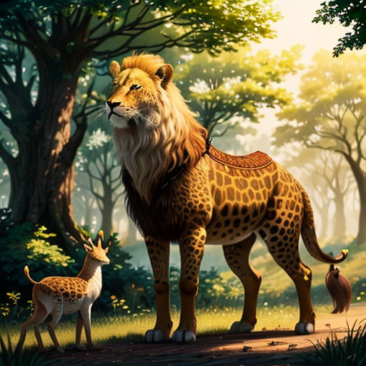 a lion and a deer in a forest with trees and grass and a path leading to a forest with trees and bushes