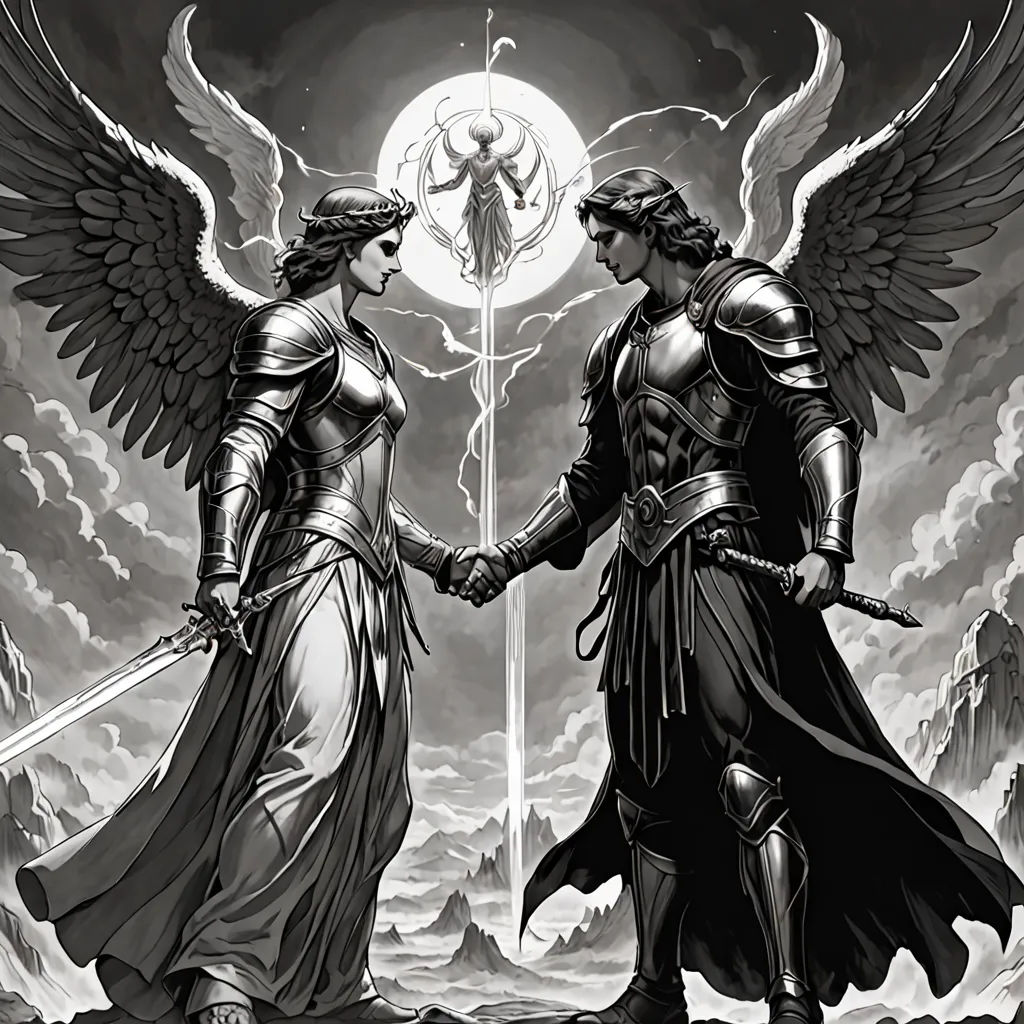 two people in armor holding hands with an angel above them and a full moon behind them, with a black and white background, a comic book panel, dark fantasy art, gothic art, Anne Stokes