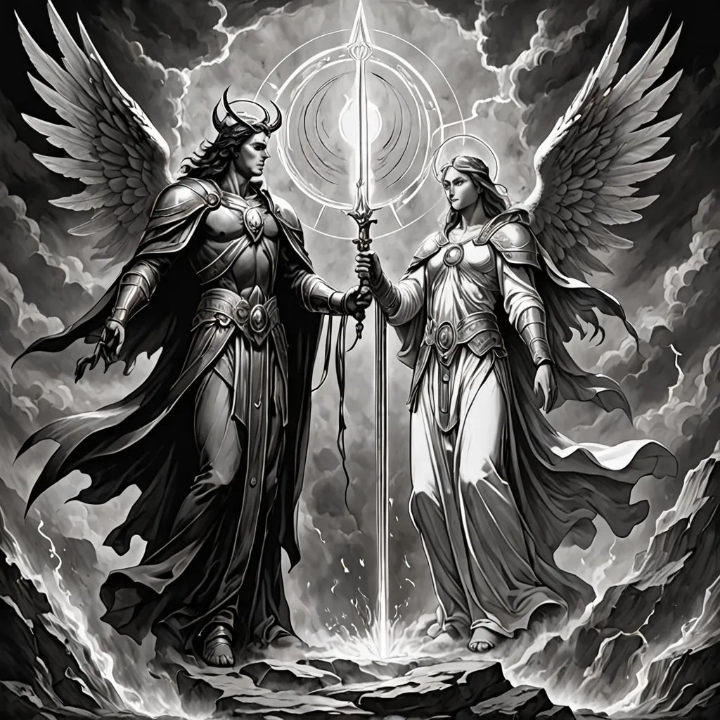 two angels holding swords in their hands with clouds behind them and a sun above them, with a halo in the middle, an ultrafine detailed painting, dark fantasy art, gothic art, Anne Stokes