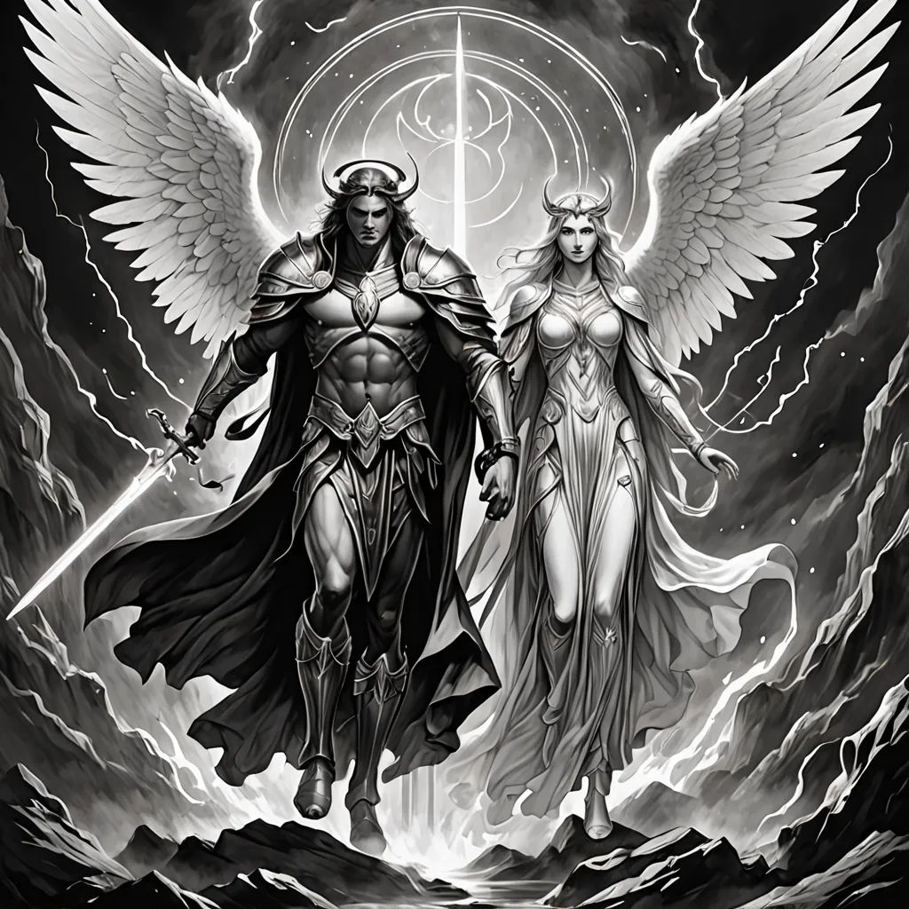 two angels standing next to each other on a dark background with lightnings and lightnings in the sky, a detailed drawing, dark fantasy art, fantasy art, Anne Stokes