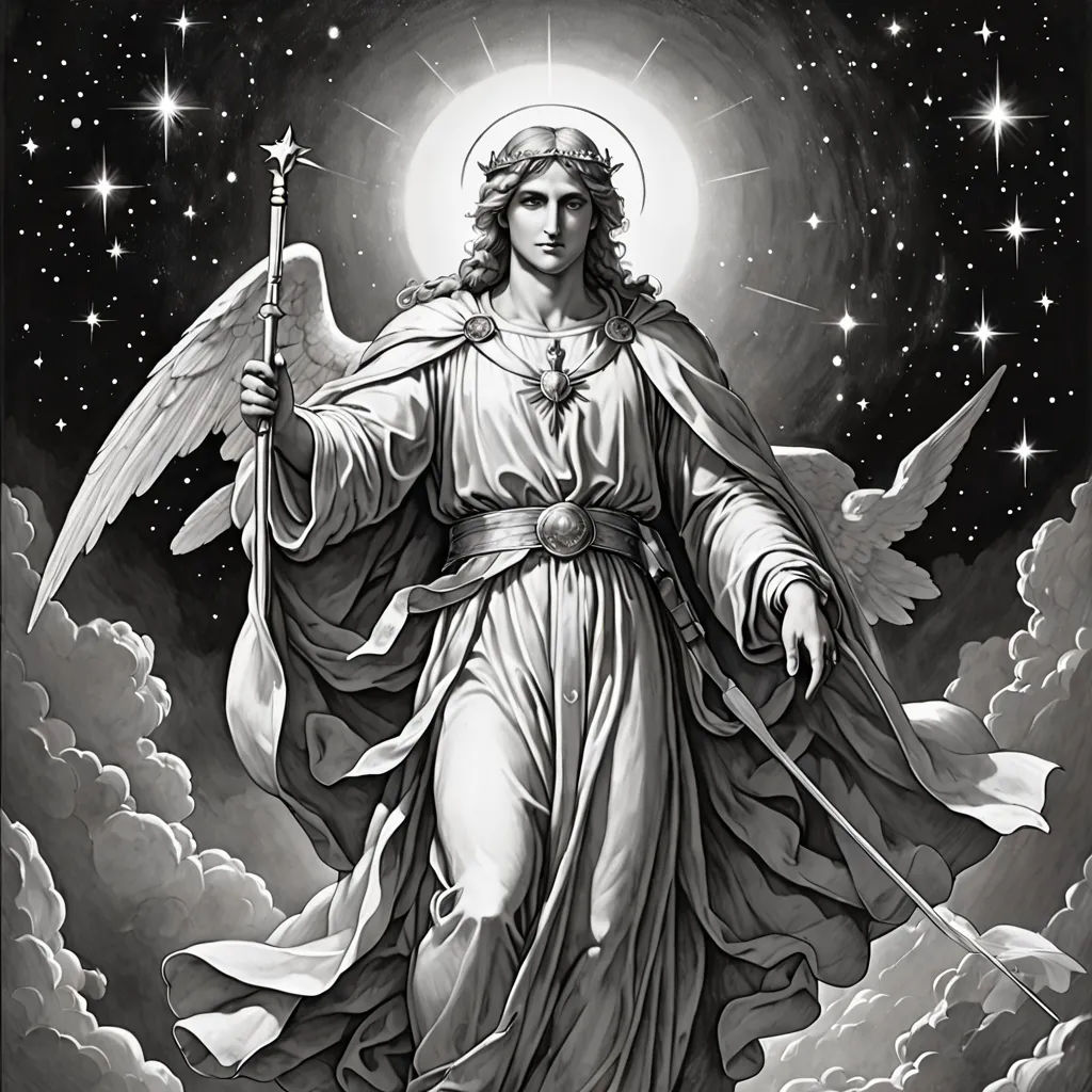 a black and white drawing of a saint with a staff in the clouds and stars above it, holding a staff, an ultrafine detailed painting, angelic, gothic art, Evelyn De Morgan
