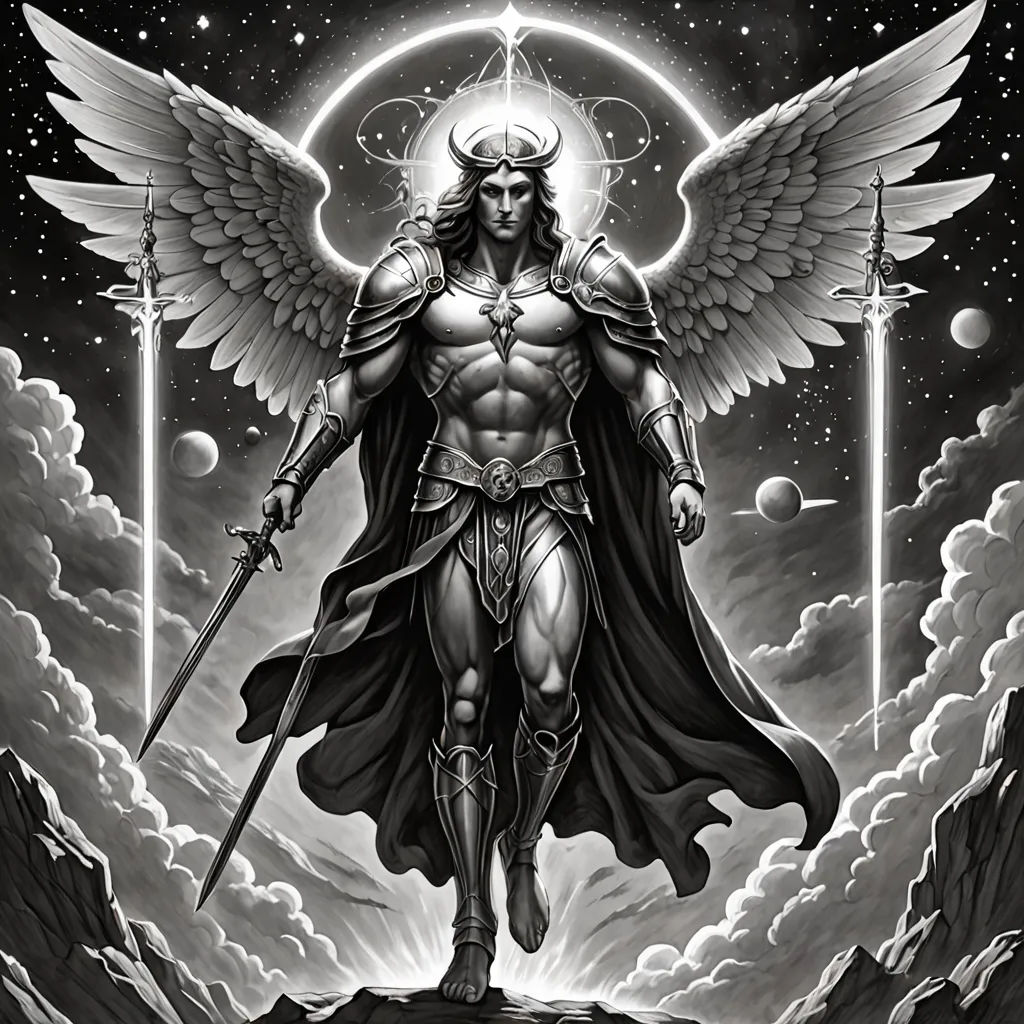 a man with wings and a sword standing on a hill with clouds and stars in the background, surrounded by stars and clouds, a detailed drawing, dark fantasy art, fantasy art, Anne Stokes