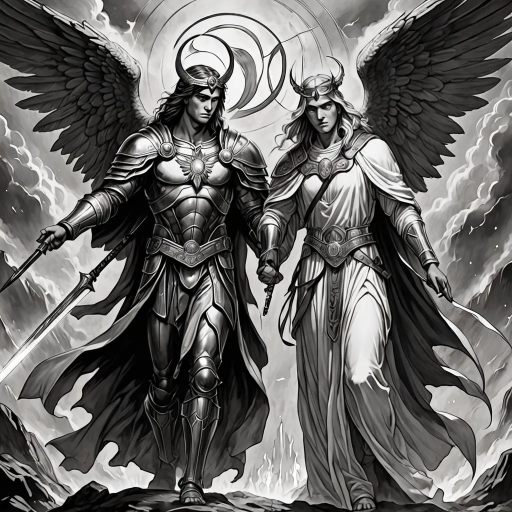 two angels standing next to each other on a cloudy day with lightning behind them and a sun above them, concept art, magic the gathering artwork, fantasy art, Anne Stokes