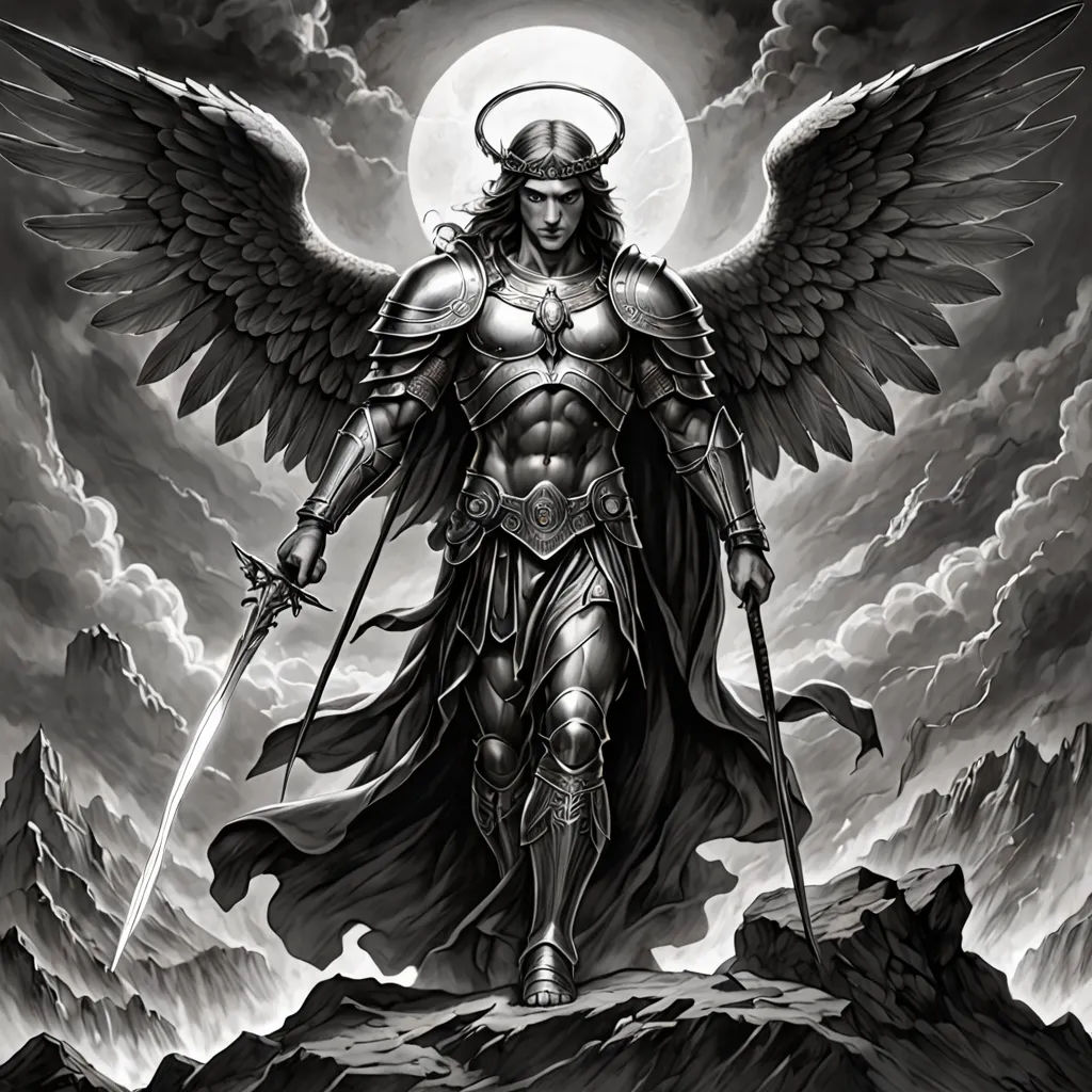 a man in armor with wings and a sword standing on a mountain with a full moon behind him and a sword in his hand, a detailed drawing, dark fantasy art, gothic art, Anne Stokes