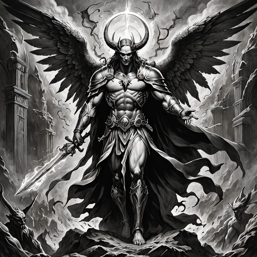 a man with wings and a demon face on his chest, standing in front of a black and white background, concept art, dark fantasy art, gothic art, Art of Brom