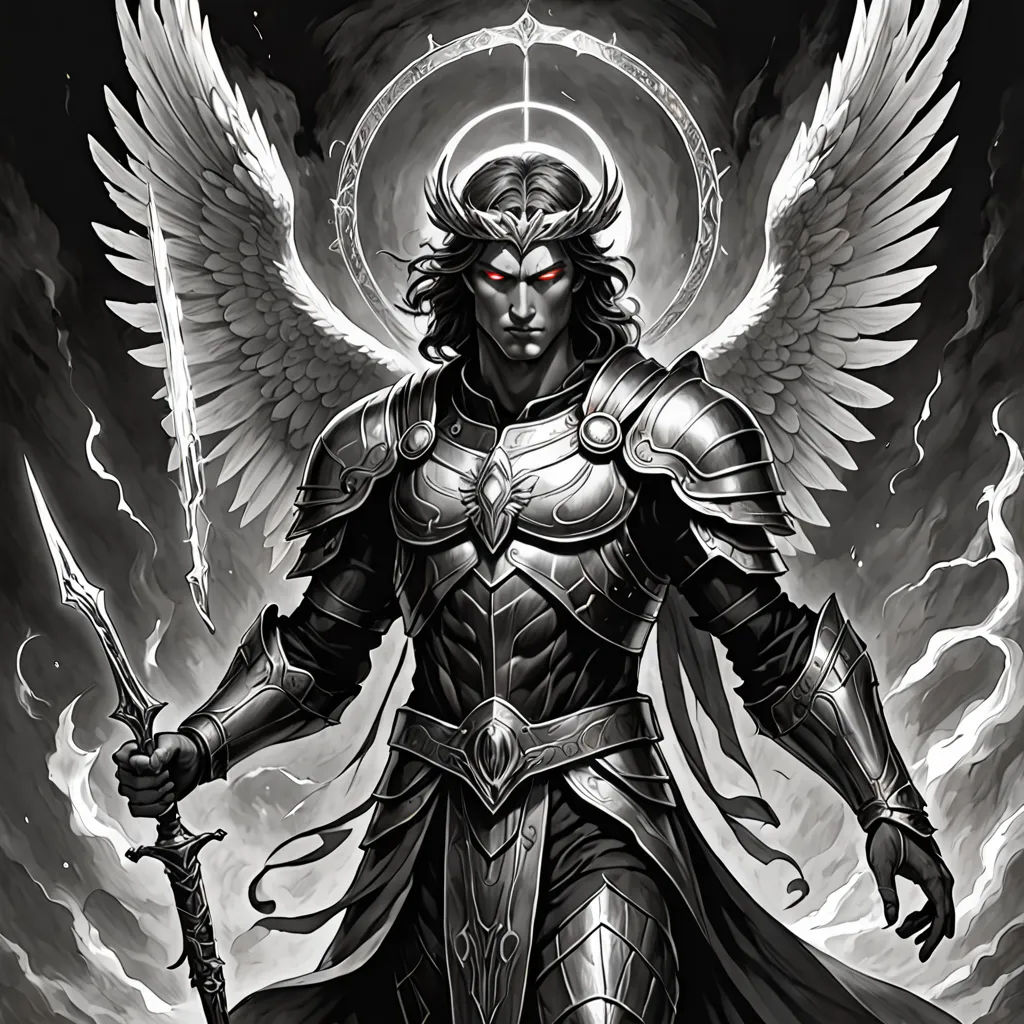 a man in armor with wings and a sword in his hand, standing in front of a fire and lightning background, concept art, dark fantasy art, gothic art, Anne Stokes