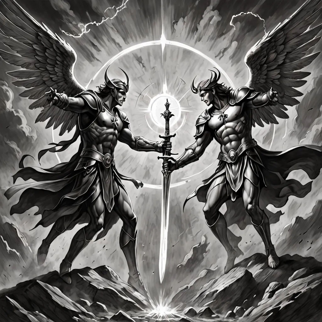 two angels fighting over a sword in a dark sky with clouds behind them and a light shining through the wings, an ultrafine detailed painting, dark fantasy art, fantasy art, Anne Stokes