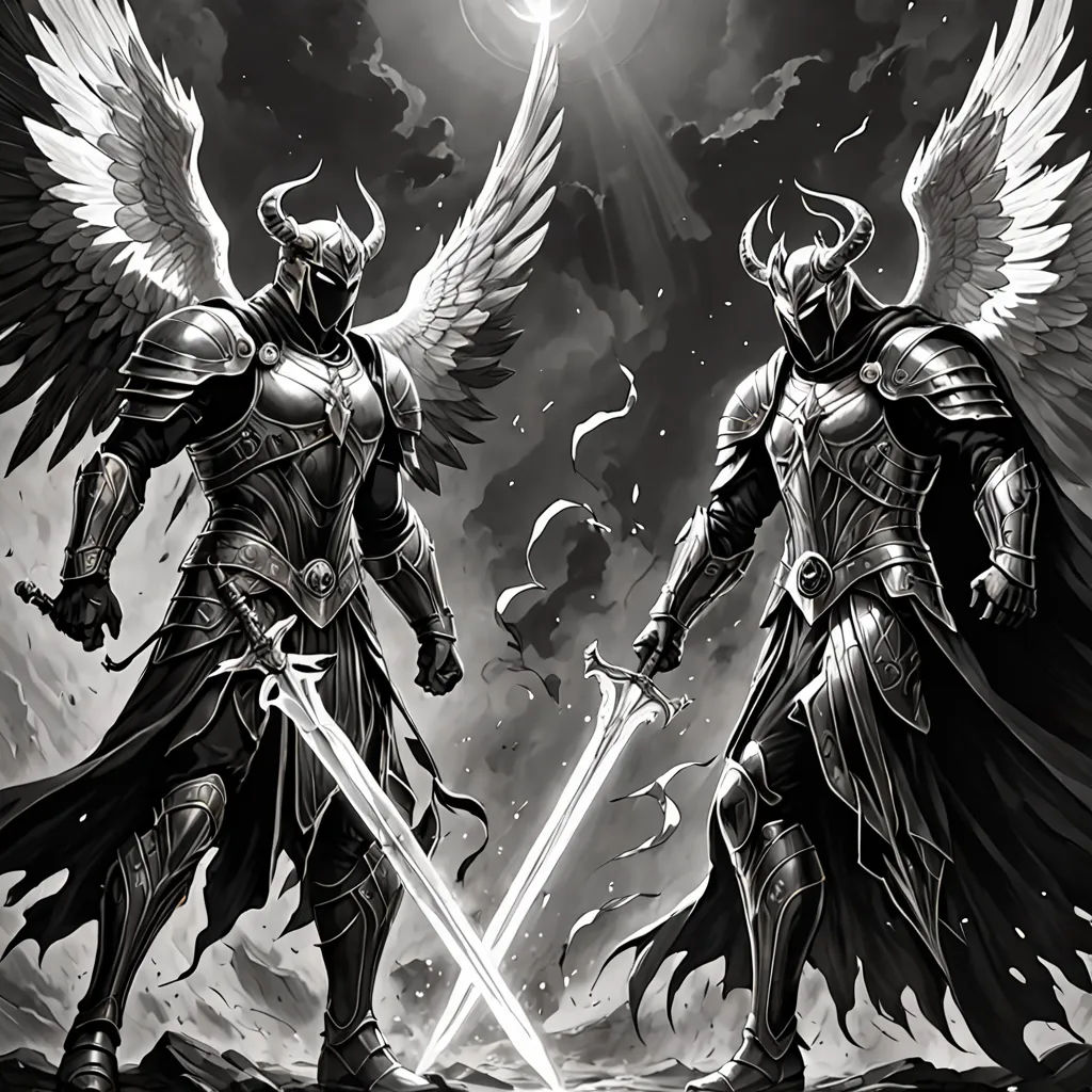 two knights with wings and swords facing each other in front of a dark sky with clouds and stars, one of them holding a sword, a comic book panel, dark fantasy art, fantasy art, Anne Stokes