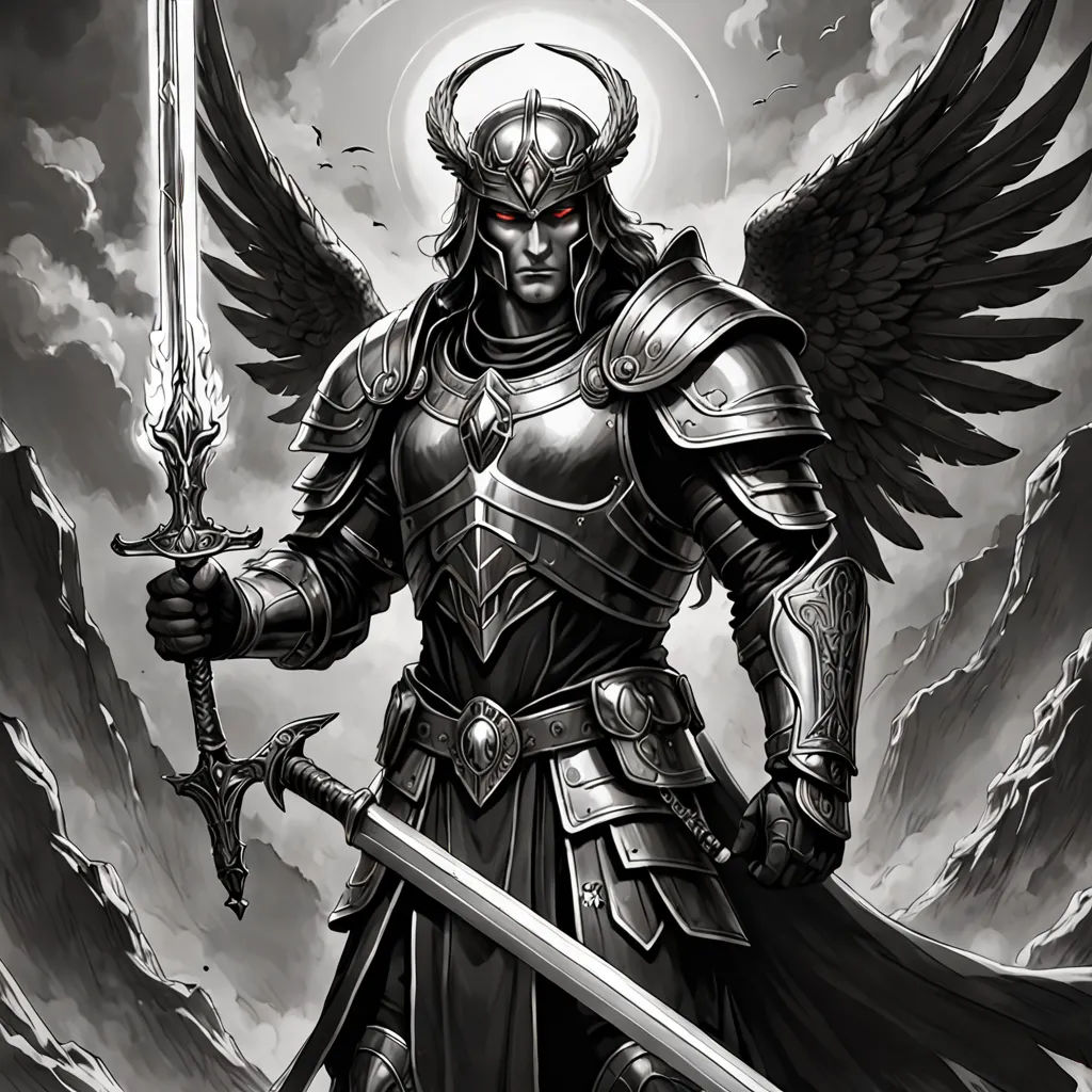 a man in armor holding a sword and a sword in his hand with wings on it, standing in front of a cloudy sky, concept art, epic fantasy character art, gothic art, Anne Stokes