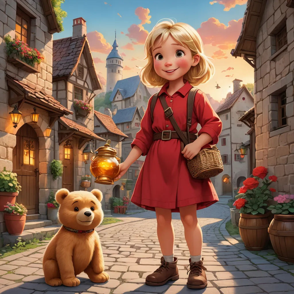 a girl in a red dress holding a lantern and a teddy bear in a cobblestone street with a castle in the background, fantasy art, a storybook illustration, Bob Byerley, official art