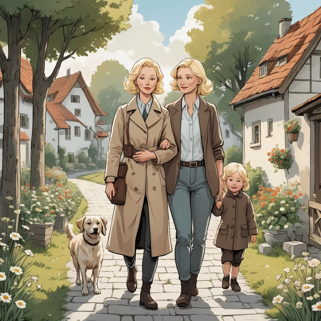 a woman and a child walking down a street with a dog on a leash behind them and a house in the background, kitsch movement, a storybook illustration, Brothers Hildebrandt, official art