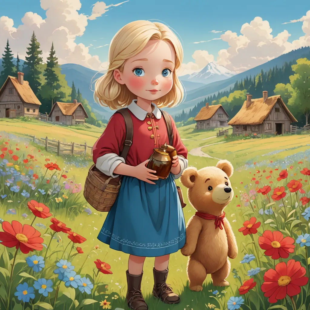 a little girl holding a teddy bear in a field of flowers and a house with a thatched roof, fantasy art, a storybook illustration, Bob Byerley, trending on art station