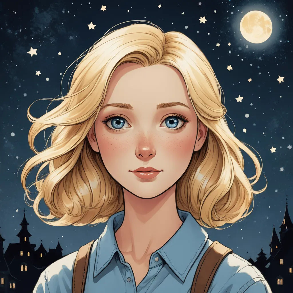 a woman with blonde hair and blue eyes is looking at the camera with a full moon in the background, fantasy art, a character portrait, Charlie Bowater, rossdraws global illumination