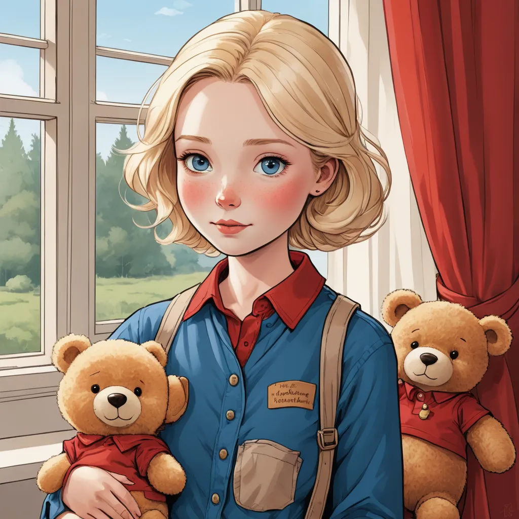 a woman holding two teddy bears in her hands and a window behind her with a red curtain and a red curtain behind her, serial art, a storybook illustration, Clarice Beckett, character portrait