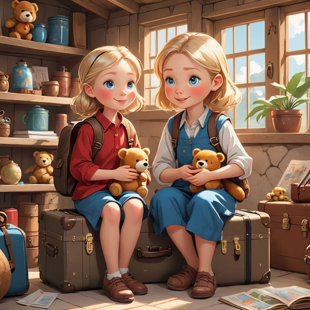 two girls sitting on suitcases holding teddy bears in a room with books and other items on the shelves, fantasy art, a storybook illustration, Brothers Hildebrandt, trending on art station