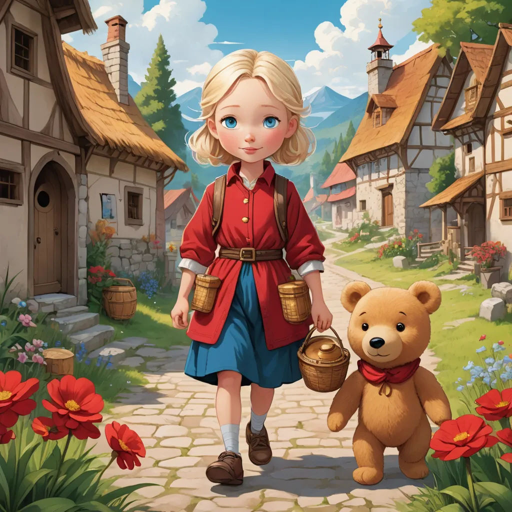 a little girl walking down a path with a teddy bear in hand and a house in the background with flowers, fantasy art, a storybook illustration, Bob Byerley, official art