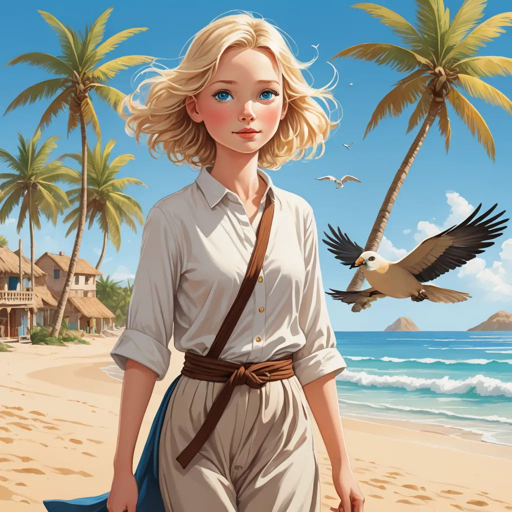 a woman walking on a beach with a bird flying over her shoulder and a house in the background with palm trees, fantasy art, a character portrait, F Scott Hess, promotional image