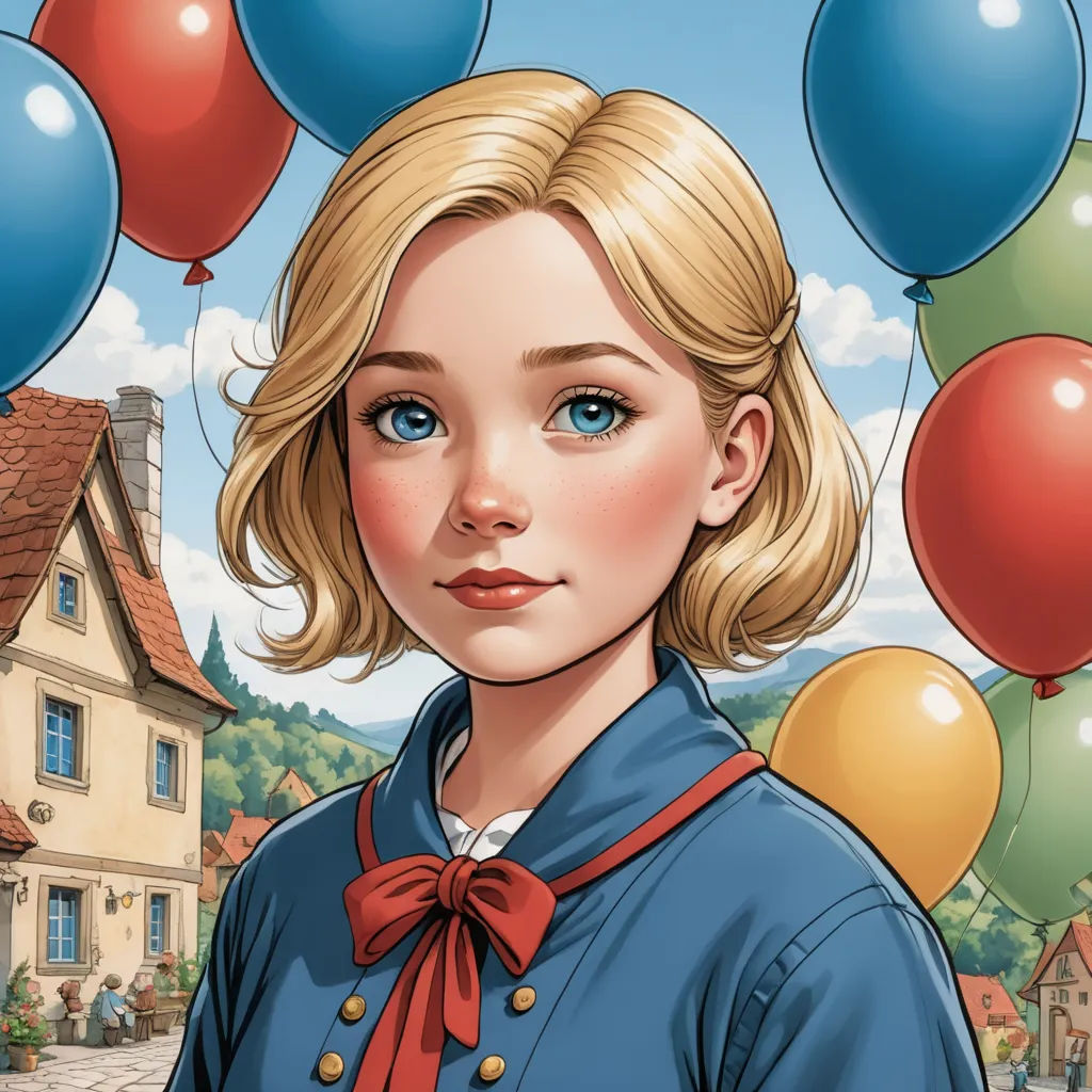 a cartoon of a woman with blue eyes and a red bow tie standing in front of a house with balloons, fantasy art, an ultrafine detailed painting, Artgerm, comic cover art