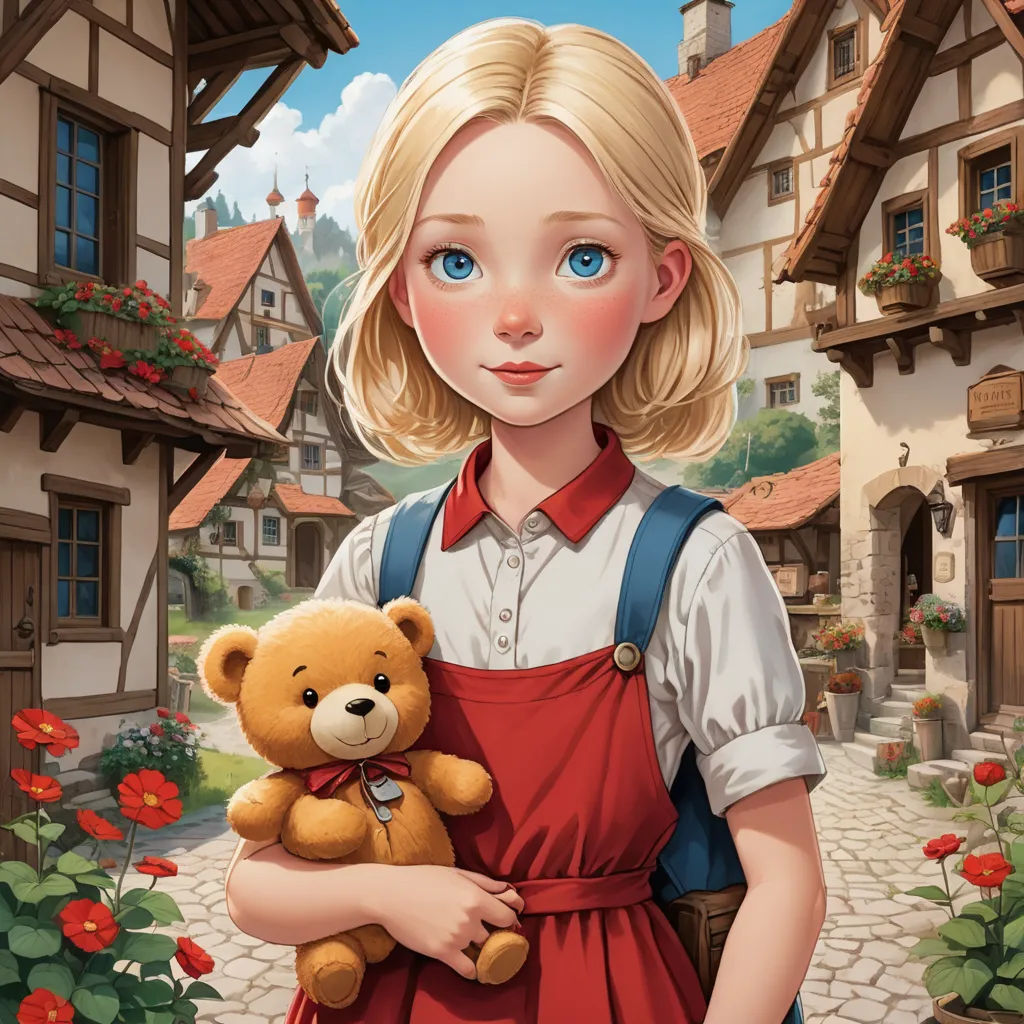 a painting of a girl holding a teddy bear in front of a village with flowers and houses on the side, fantasy art, a storybook illustration, Claire Falkenstein, cgstudio