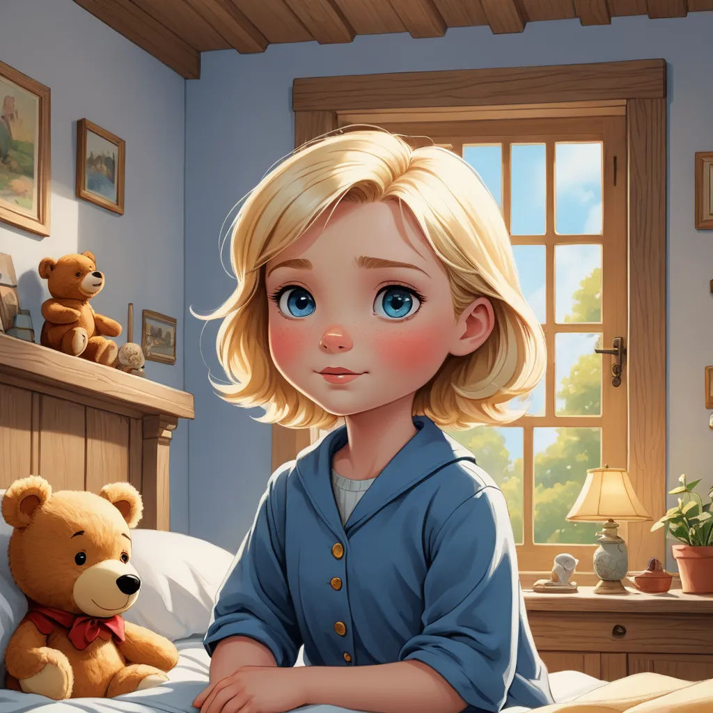 a cartoon girl sitting on a bed with a teddy bear in front of her and a window behind her, photorealism, a storybook illustration, Clarice Beckett, cgstudio