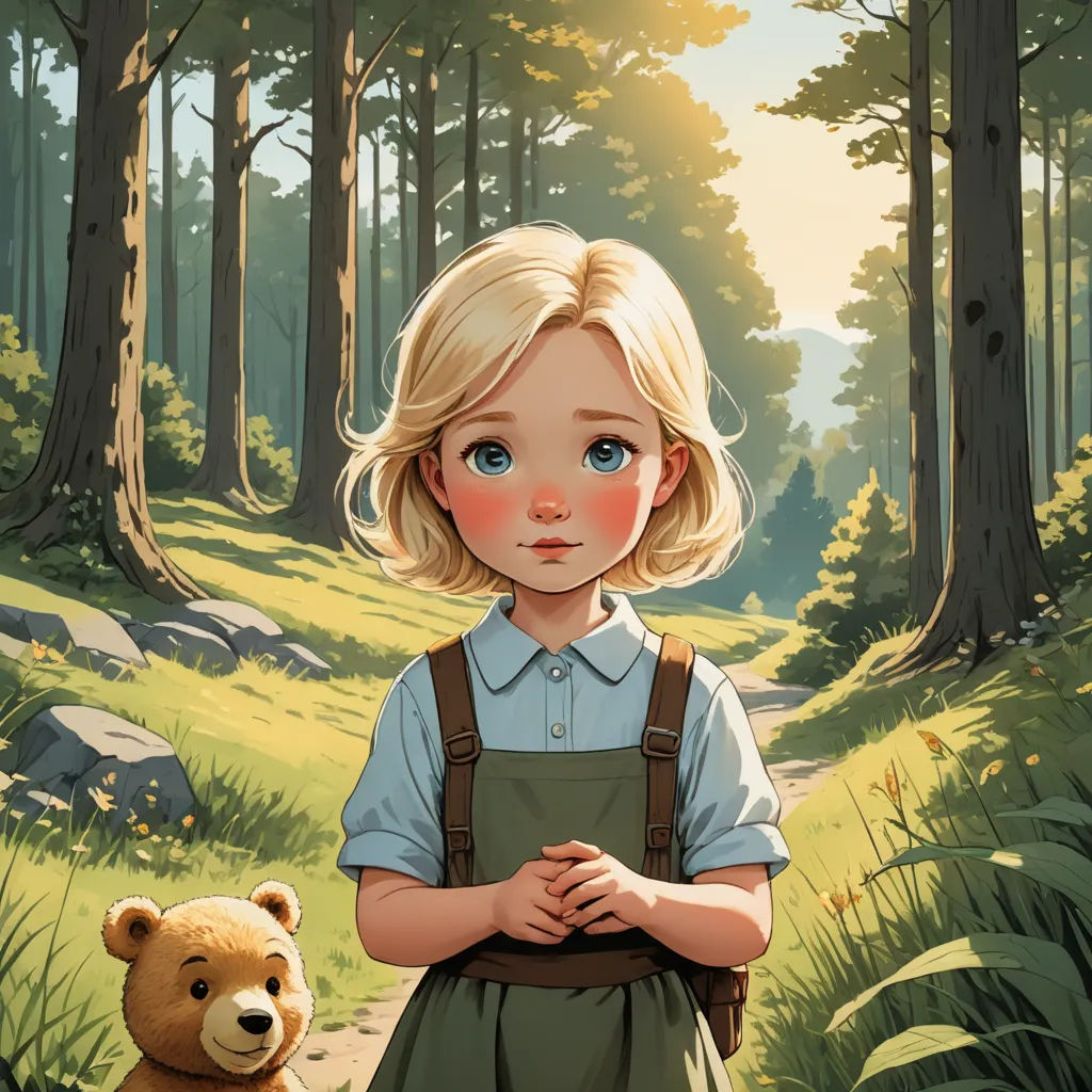 a little girl standing in a forest with a teddy bear in front of her and a forest scene behind her, fantasy art, a storybook illustration, Clarice Beckett, storybook illustration